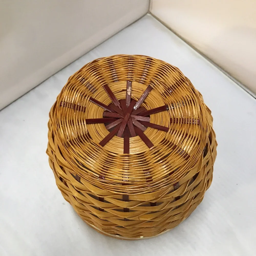 Woven Bamboo Basket Home Decor Medium Brown Gold Rim Boho Storage Waste Bin